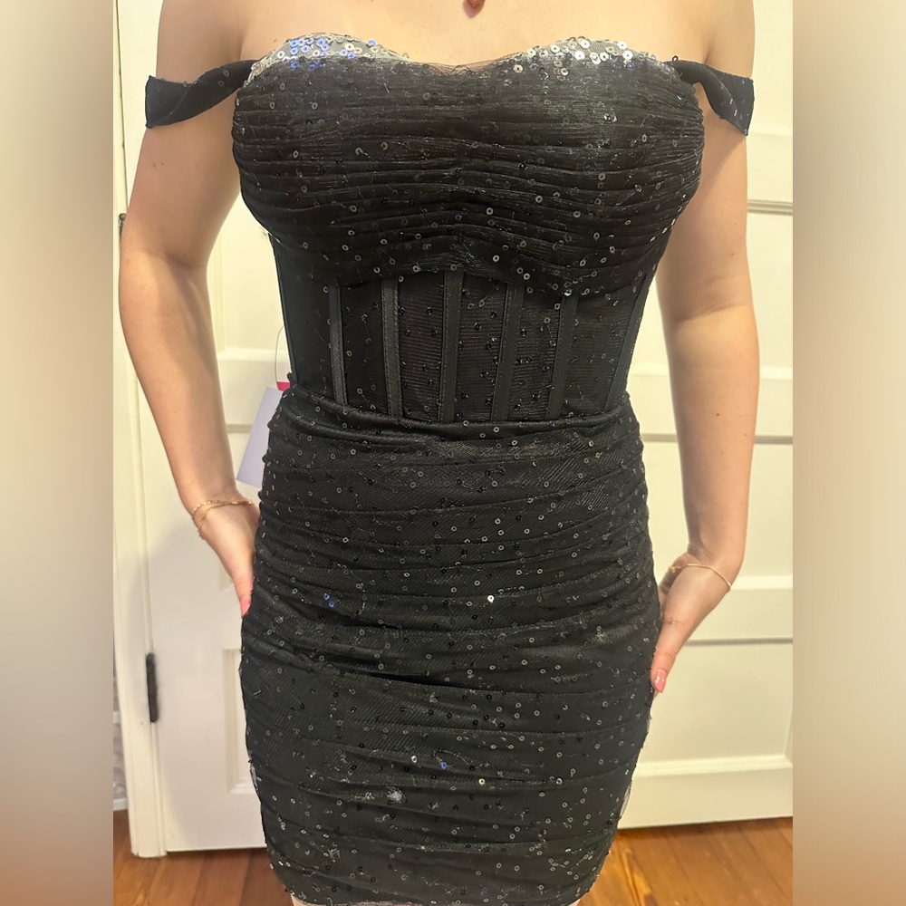 Kiss Prom black off the shoulder with silver highlights at bust, corset waist.